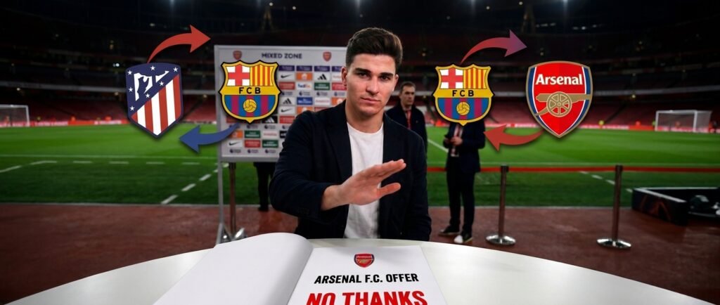 Julián Álvarez haciendo gesto de rechazo al contrato del Arsenal frente a los escudos del Atlético de Madrid y FC Barcelona